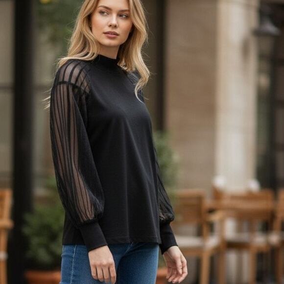 Joseph Ribkoff Tops - Joseph Ribkoff Black Striped Sheer sleeved Top Sz 14 US Solid cuffs